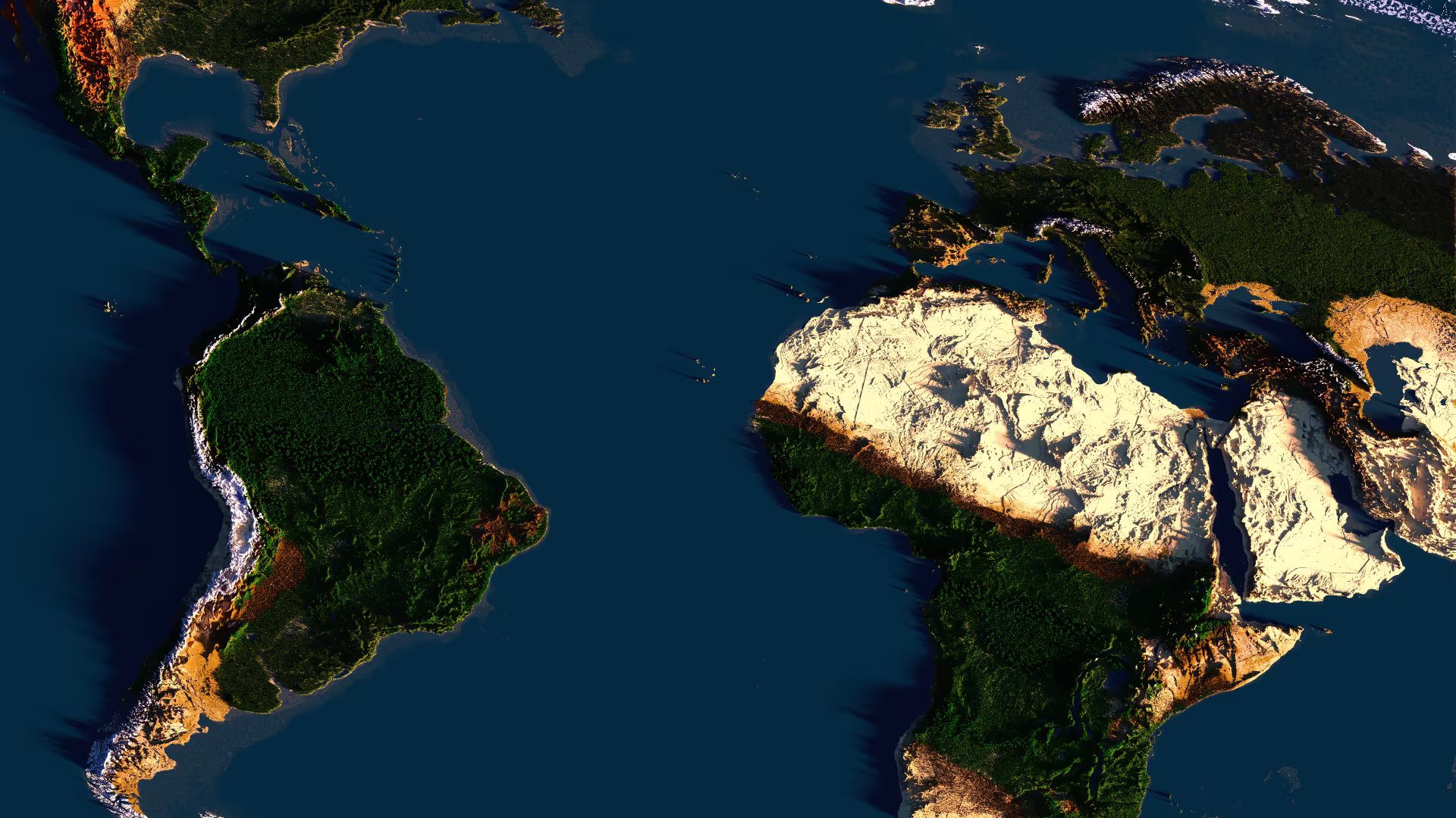 Satellite-style map of Borderra's Minecraft world continents